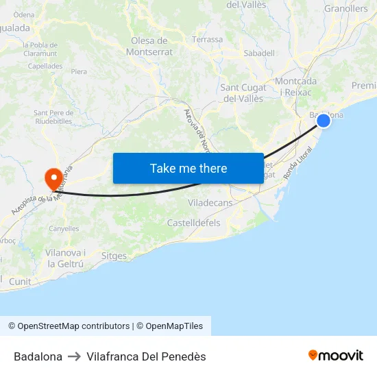 Badalona to Vilafranca Del Penedès map