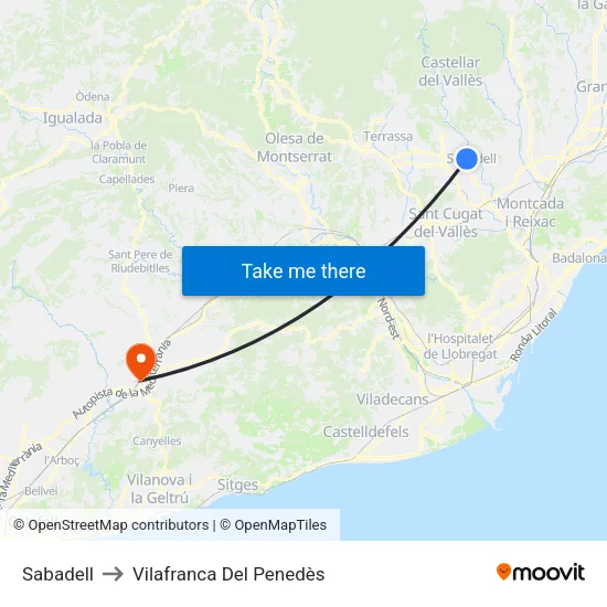 Sabadell to Vilafranca Del Penedès map