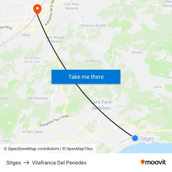 Sitges to Vilafranca Del Penedès map