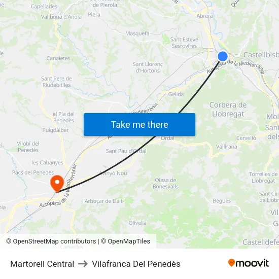 Martorell Central to Vilafranca Del Penedès map