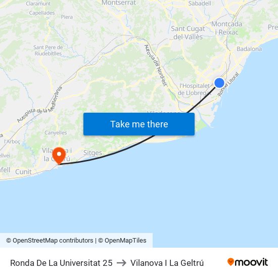 Ronda De La Universitat 25 to Vilanova I La Geltrú map