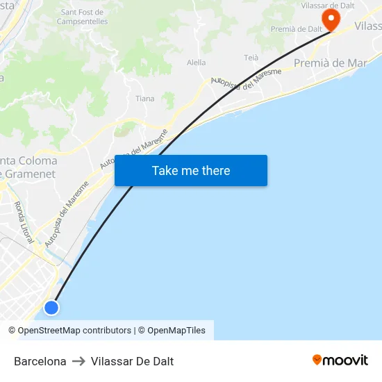 Barcelona to Vilassar De Dalt map