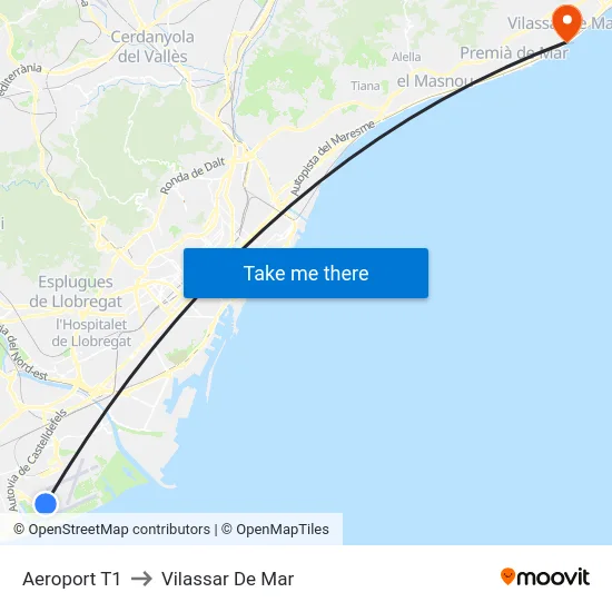 Aeroport T1 to Vilassar De Mar map