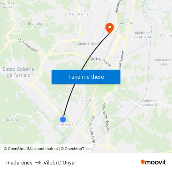 Riudarenes to Vilobí D'Onyar map