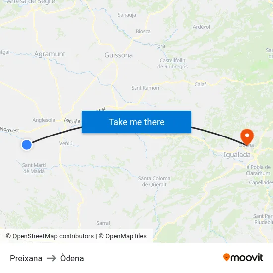 Preixana to Òdena map