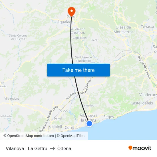 Vilanova I La Geltrú to Òdena map