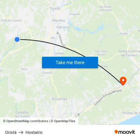 Oristà to Hostalric map