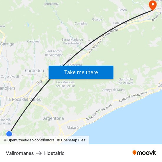 Vallromanes to Hostalric map