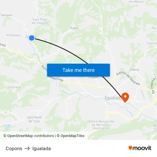 Copons to Igualada map