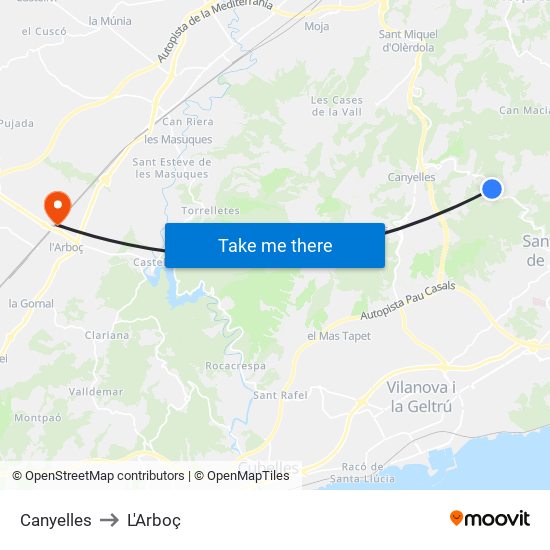 Canyelles to L'Arboç map