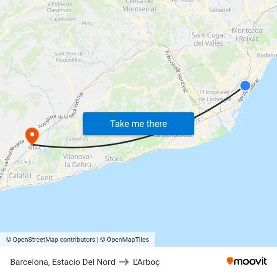 Barcelona, Estacio Del Nord to L'Arboç map