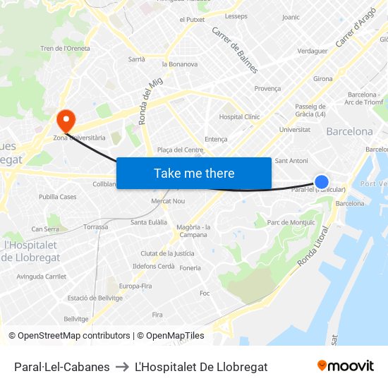 Paral·Lel-Cabanes to L'Hospitalet De Llobregat map