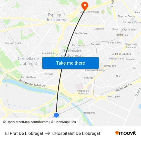 El Prat De Llobregat to L'Hospitalet De Llobregat map