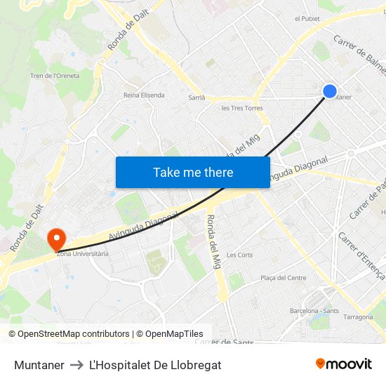 Muntaner to L'Hospitalet De Llobregat map