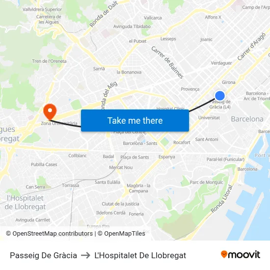 Passeig De Gràcia to L'Hospitalet De Llobregat map