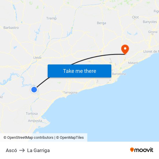 Ascó to La Garriga map