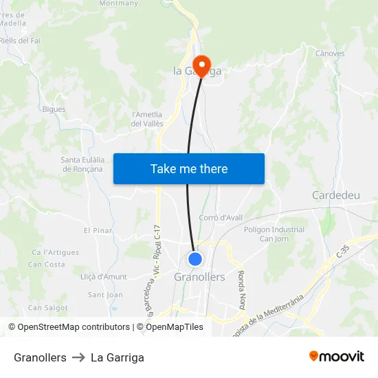 Granollers to La Garriga map
