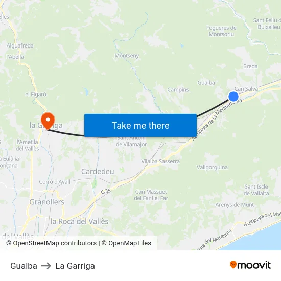 Gualba to La Garriga map