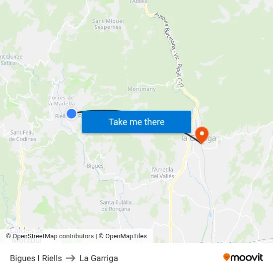 Bigues I Riells to La Garriga map
