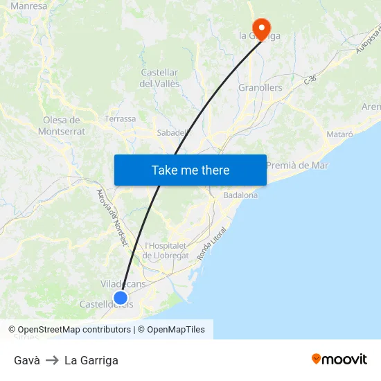 Gavà to La Garriga map