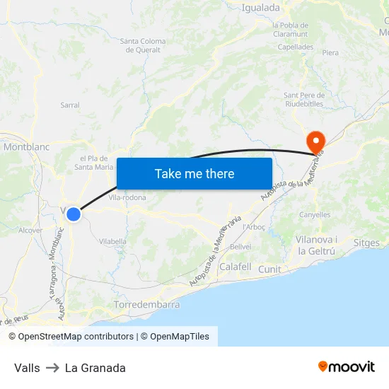 Valls to La Granada map