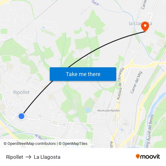 Ripollet to La Llagosta map