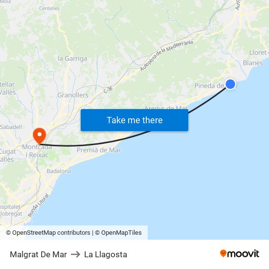 Malgrat De Mar to La Llagosta map