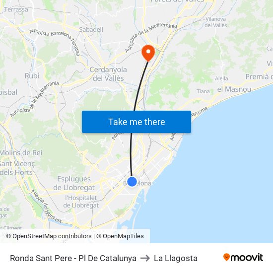 Ronda Sant Pere - Pl De Catalunya to La Llagosta map