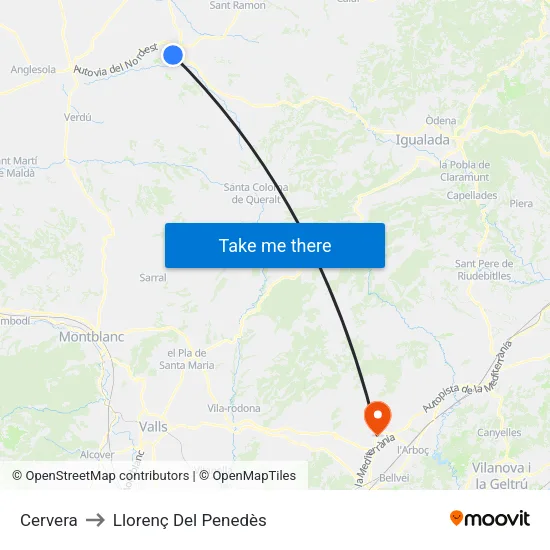 Cervera to Llorenç Del Penedès map