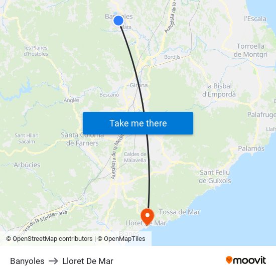 Banyoles to Lloret De Mar map