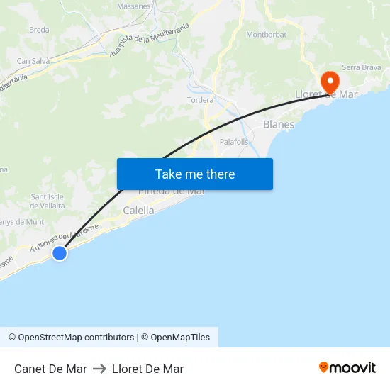 Canet De Mar to Lloret De Mar map