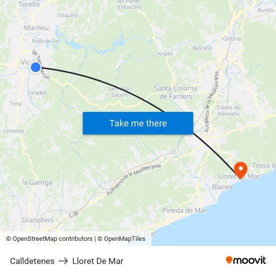 Calldetenes to Lloret De Mar map