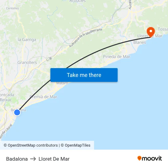 Badalona to Lloret De Mar map