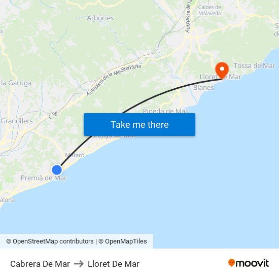 Cabrera De Mar to Lloret De Mar map