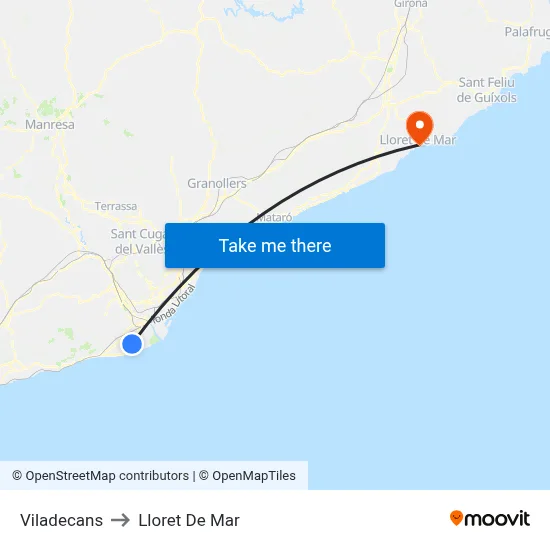 Viladecans to Lloret De Mar map
