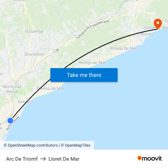 Arc De Triomf to Lloret De Mar map