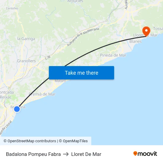 Badalona Pompeu Fabra to Lloret De Mar map