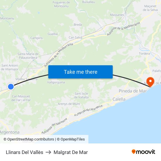 Llinars Del Vallès to Malgrat De Mar map