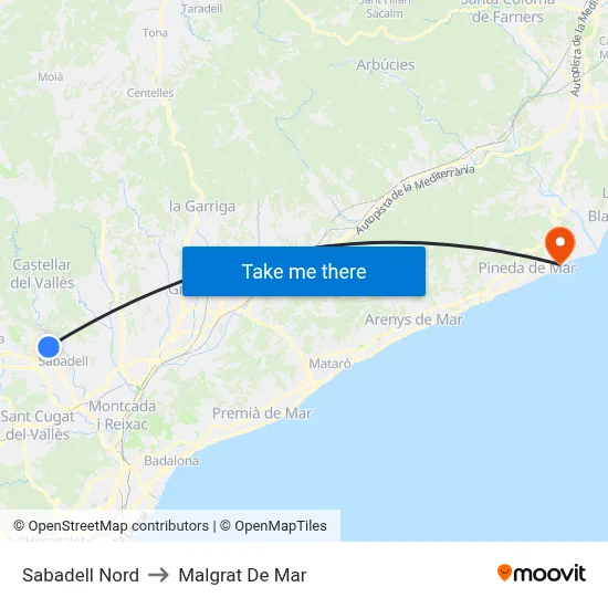 Sabadell Nord to Malgrat De Mar map