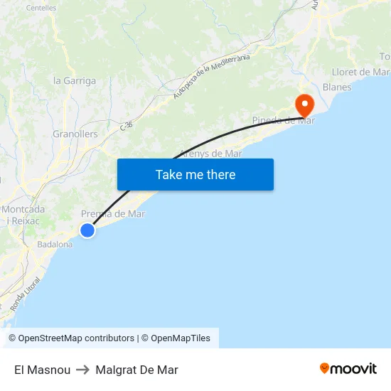El Masnou to Malgrat De Mar map