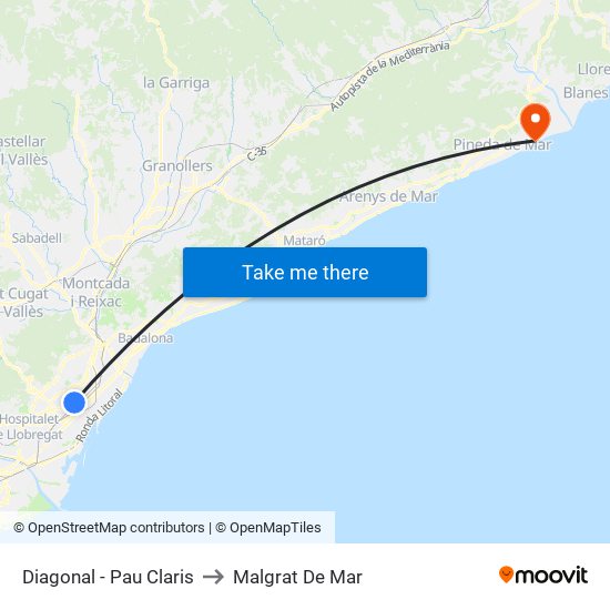 Diagonal - Pau Claris to Malgrat De Mar map