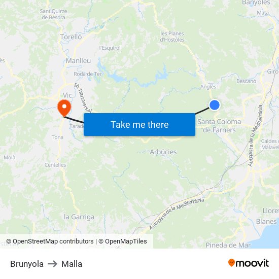 Brunyola to Malla map