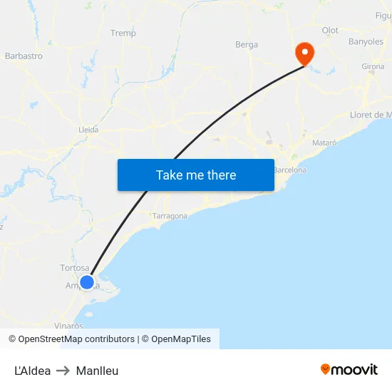L'Aldea to Manlleu map