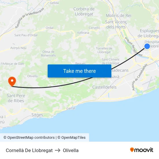 Cornellà De Llobregat to Olivella map