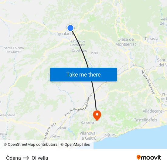 Òdena to Olivella map