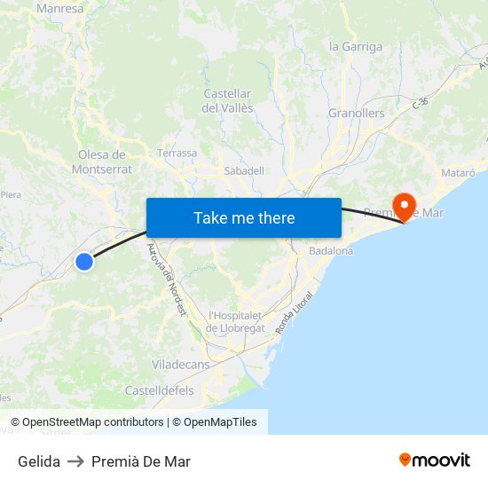 Gelida to Premià De Mar map