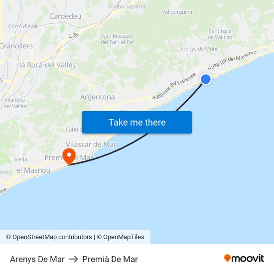 Arenys De Mar to Premià De Mar map