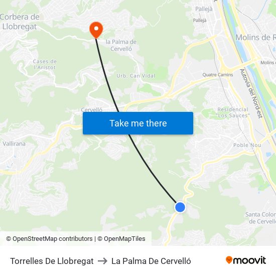 Torrelles De Llobregat to La Palma De Cervelló map