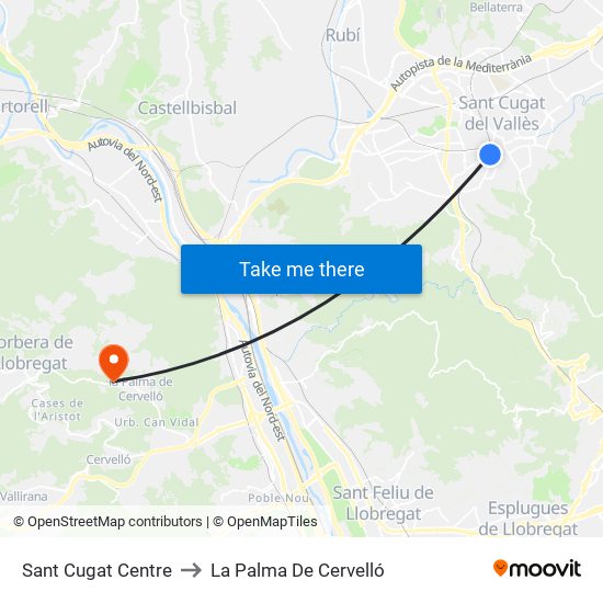 Sant Cugat Centre to La Palma De Cervelló map