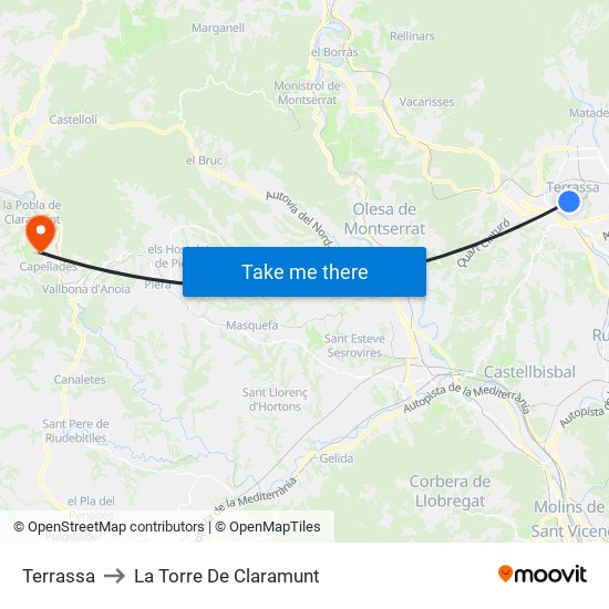 Terrassa to La Torre De Claramunt map